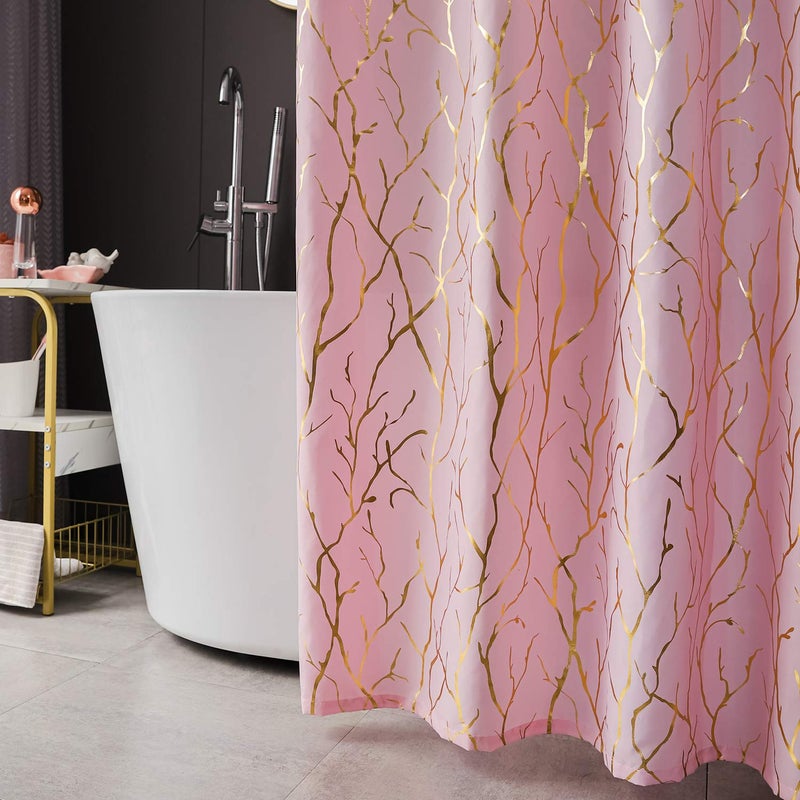 FINECITY Pink Shower Curtain - Metallic Gold Foil Branch Pattern Print Shower Curtain 72 Inch Long, Grommet Shower Curtain Set with 12 Hooks, 72 x 72 Inch, Pink and Gold - Image 3
